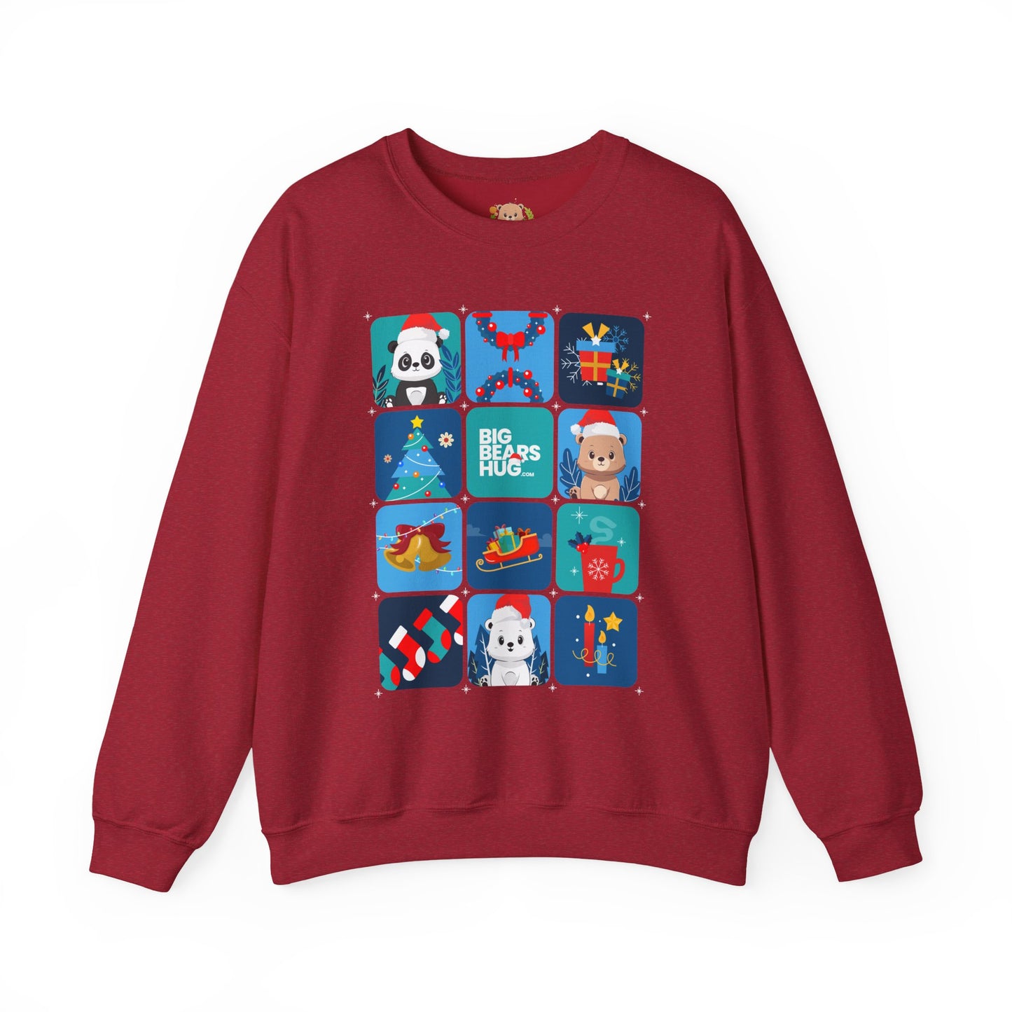 Bear hug cool Christmas grid (front) unisex cozy crewneck sweatshirt