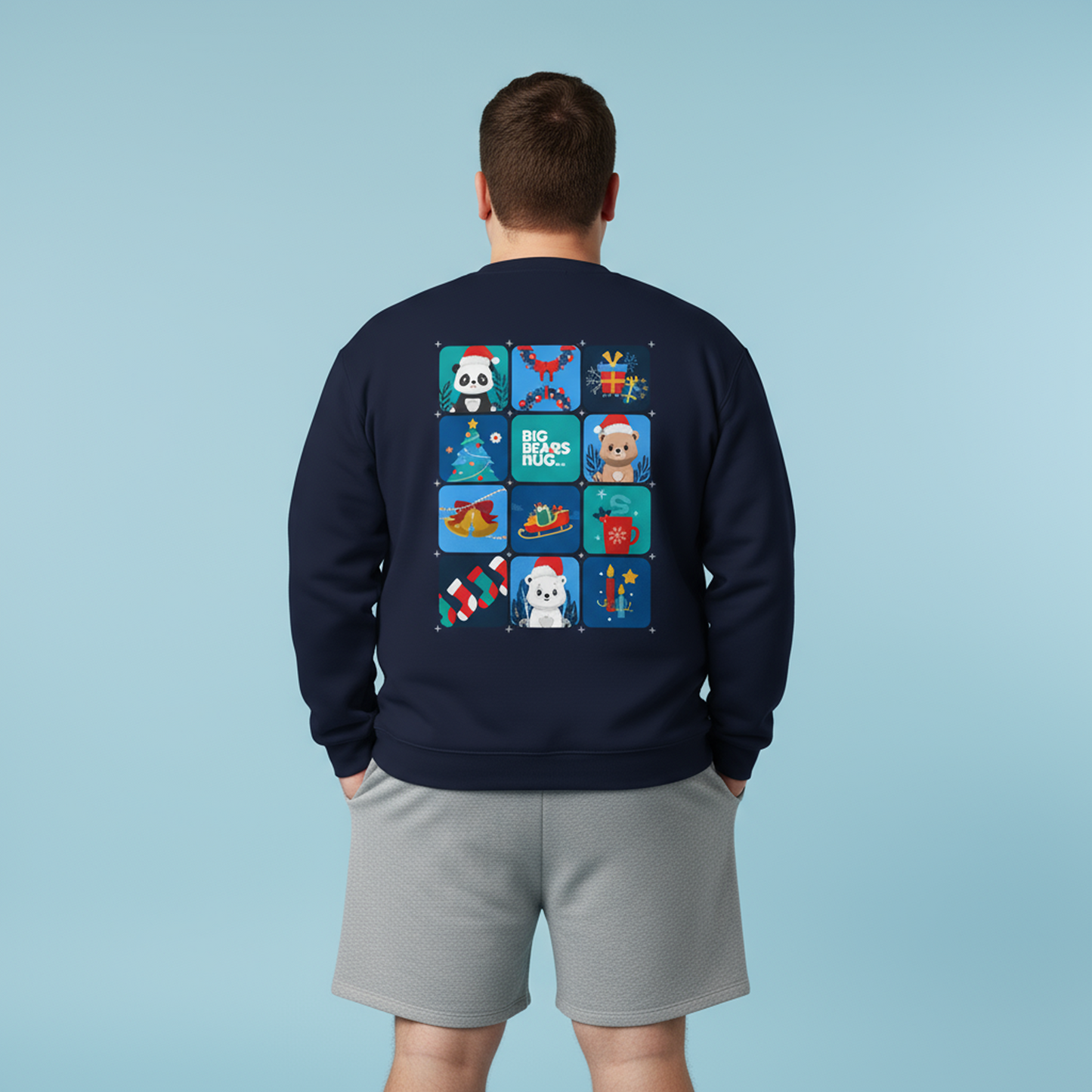 Bear hug cool Christmas grid (back) unisex cozy crewneck sweatshirt