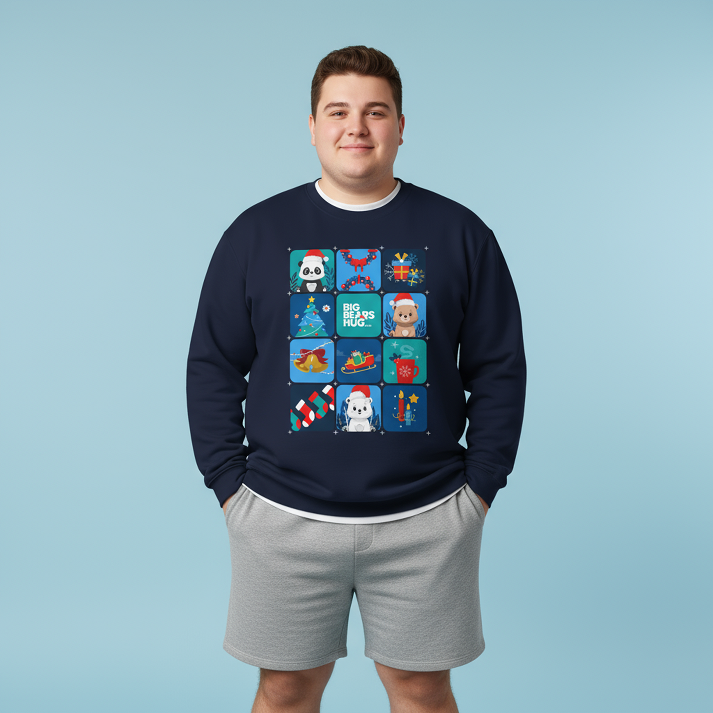 Bear hug cool Christmas grid (front) unisex cozy crewneck sweatshirt