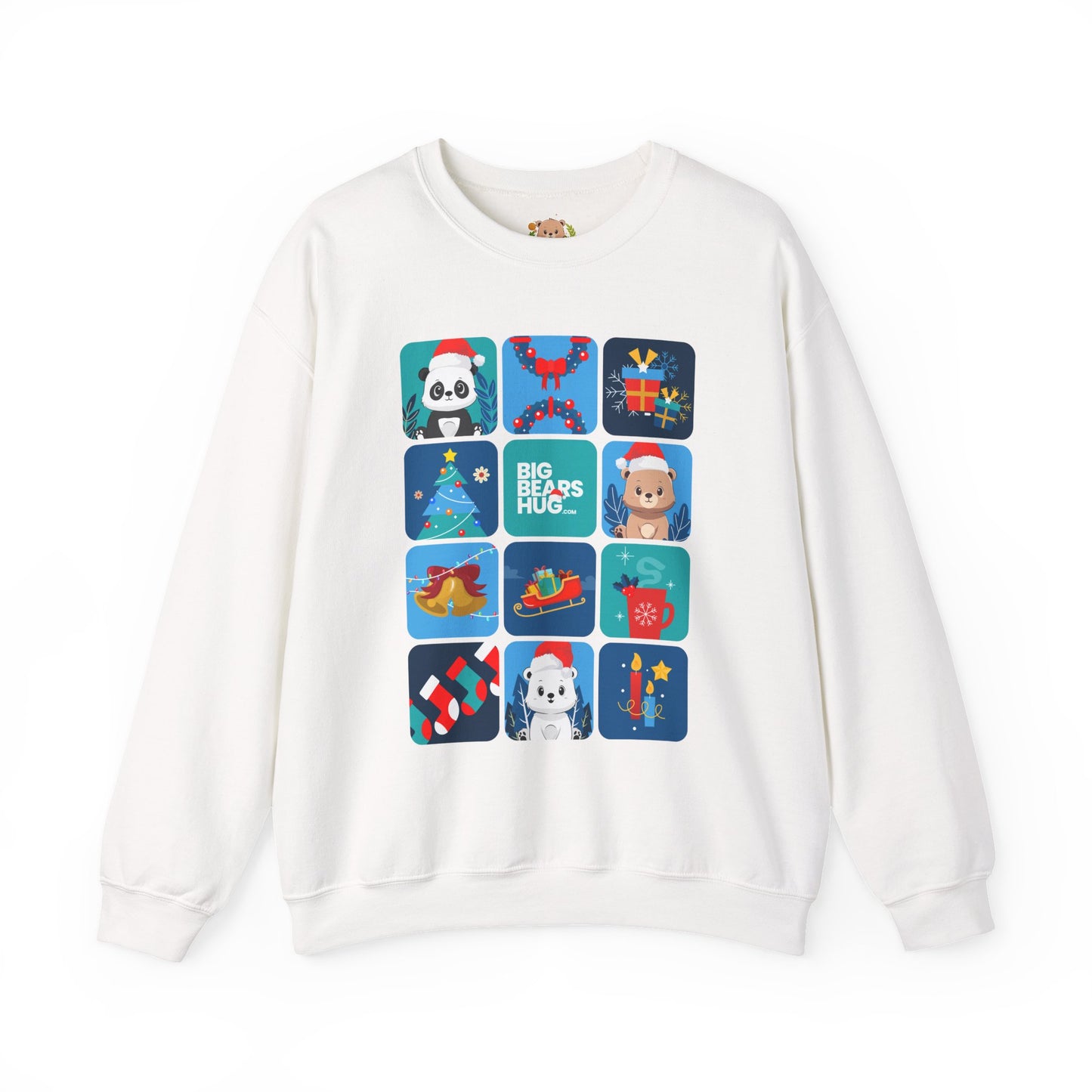 Bear hug cool Christmas grid (front) unisex cozy crewneck sweatshirt